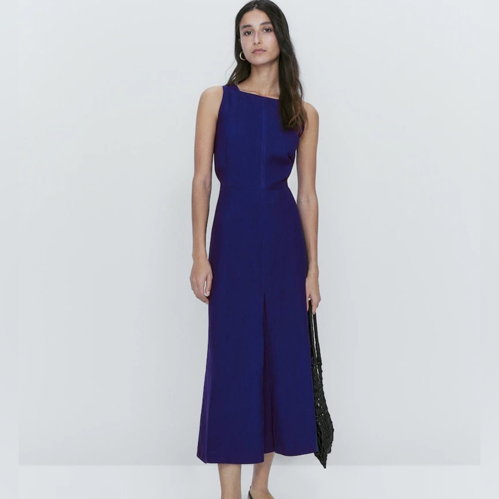MASSIMO DUTTI blue linen midi dress